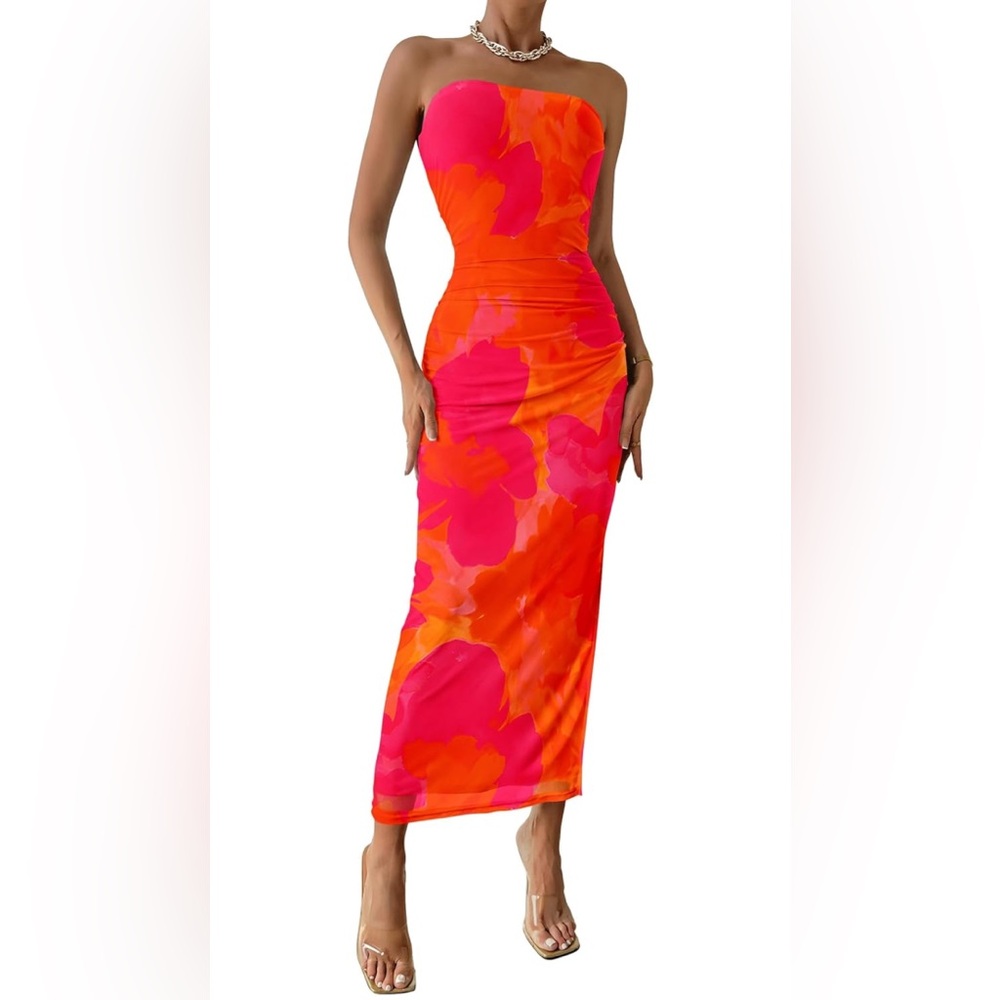 Strapless Floral Dress in Vibrant Pink and Orange